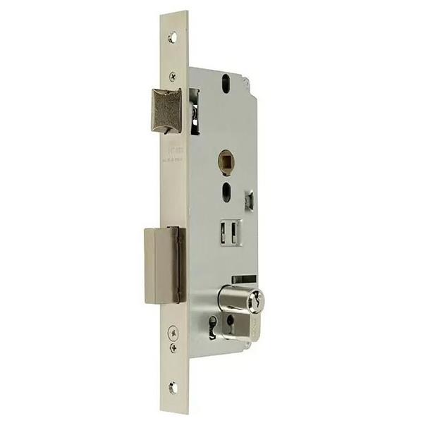 CERRADURA MCM 1601 NIQUELADA E-50 GOLPE Y LLAVE SIN CILINDRO EJES 85 MM