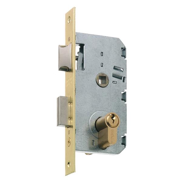 CERRADURA MCM 2501 LATONADA E-45 GOLPE Y LLAVE SIN CILINDRO EJES 47 MM